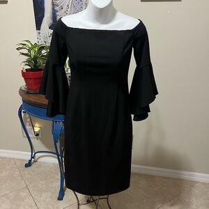 Calvin Klein Black Cocktail Off The Shoulder Sheath Dress w ruffle bell sleeves